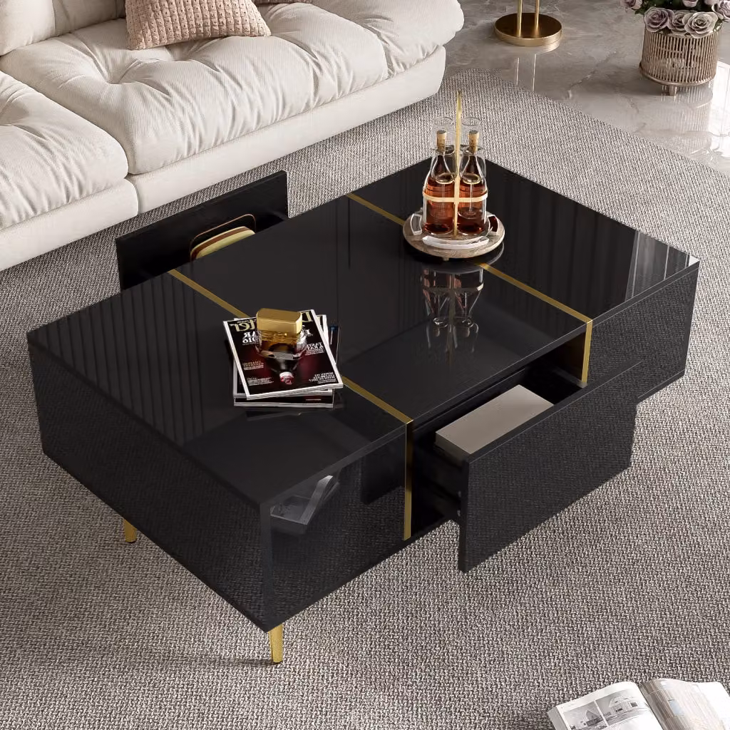 Tavolino basso OKWISH per soggiorno con 2 cassetti, finitura lucida nera e dettagli oro, in MDF e metallo, L: 100 cm, P: 60 cm, H: 41,5 cm – 2