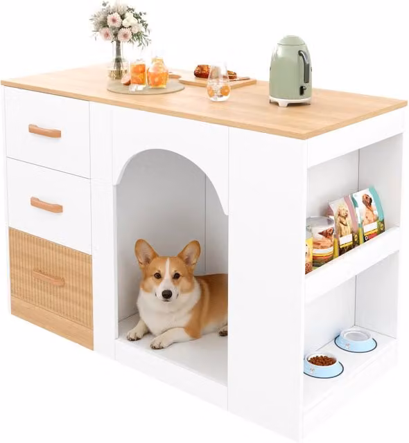 Isola da Cucina 120×60×90 cm con 3 Cassetti; 2 Ripiani Laterali e Zona Riposo per Animali; Bianca Legno