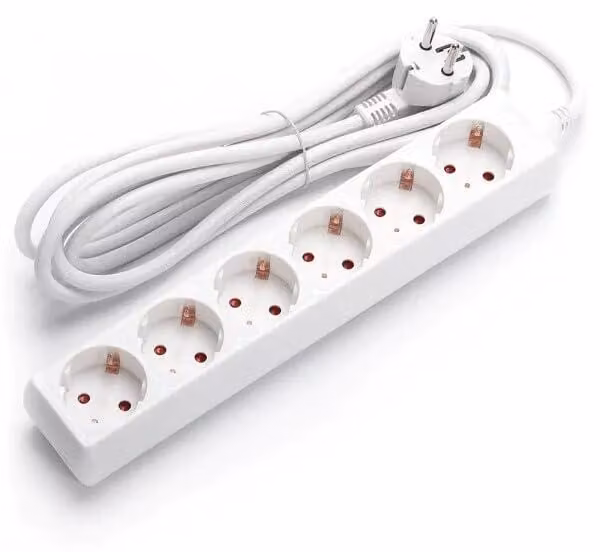 Ciabatta multipresa, 6 prese, senza interruttore, 3 metri, cavo 3G, sezione 1,5 mm², colore bianco, ideale per alimentare più dispositivi
