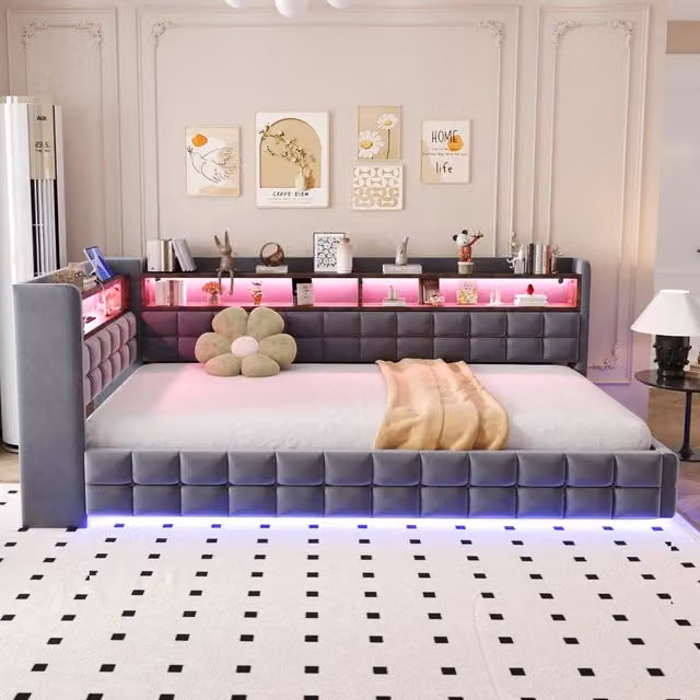Divano letto Mivray in velluto grigio con contenitore idraulico, illuminazione LED e porte di ricarica USB e Tipo-C, L/P/H: 90 x 200 cm