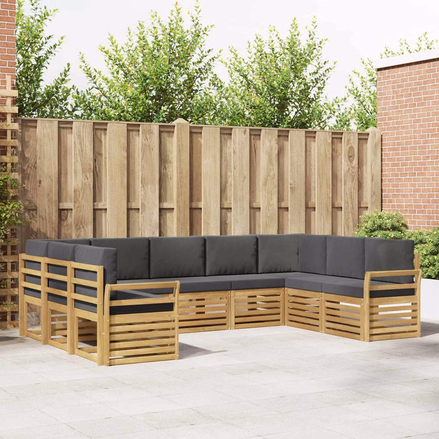 Set di divani da giardino a L vidaXL in legno di acacia massello con cuscini marroni e grigi