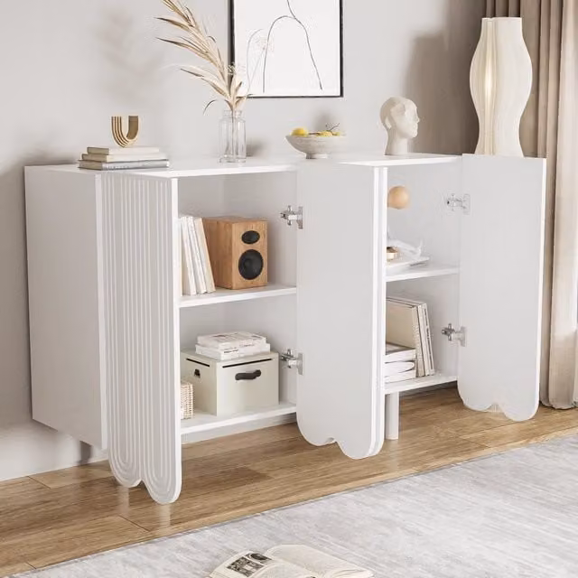 Credenza e madia OKWISH moderna in MDF bianco con 4 ante scolpite e ripiani a chiusura ammortizzata per soggiorno L: 120 cm, P: 37,5 cm, H: 80,8 cm