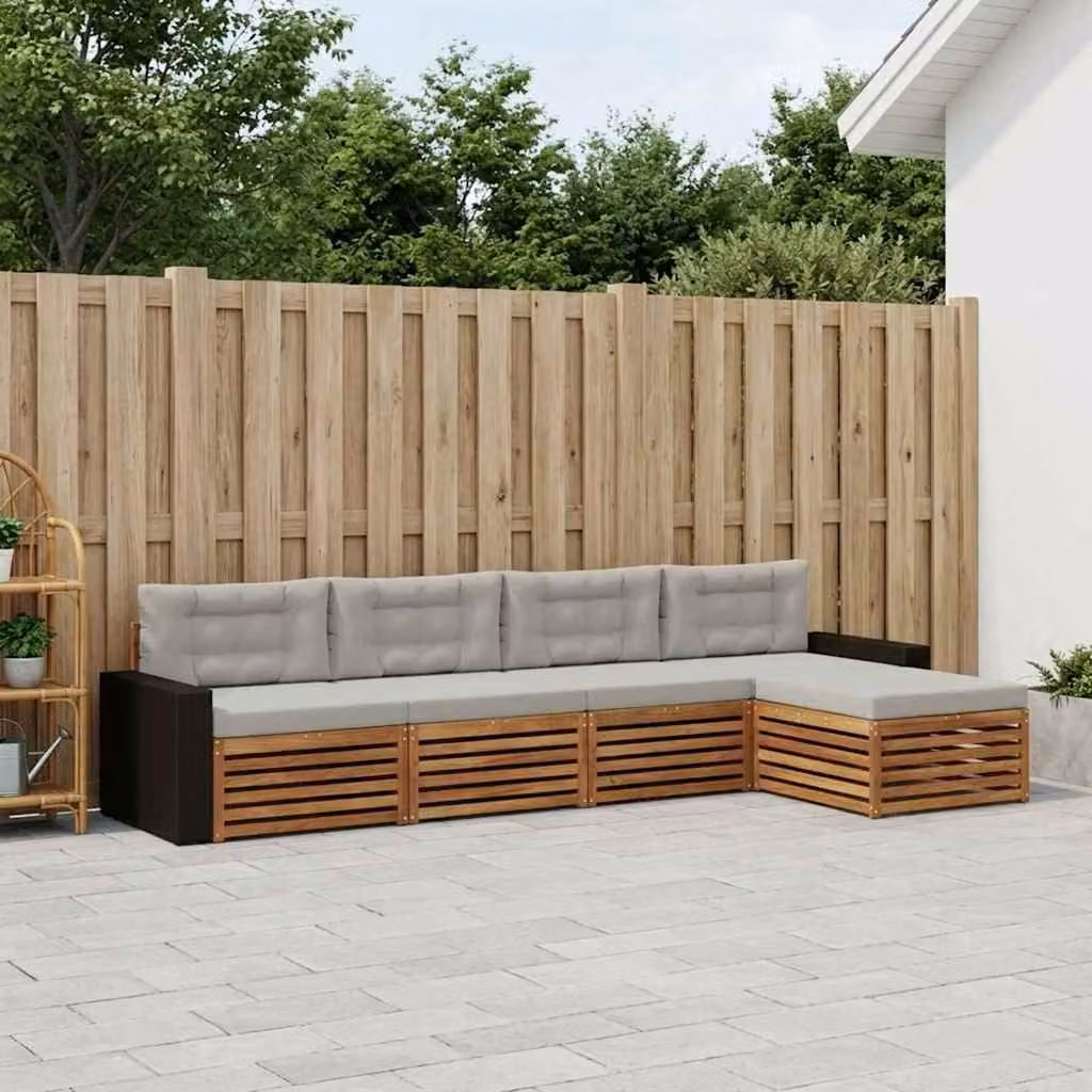 Set di divani da esterno a L vidaXL in legno di acacia con 5 pezzi, beige e grigio con cuscini inclusi