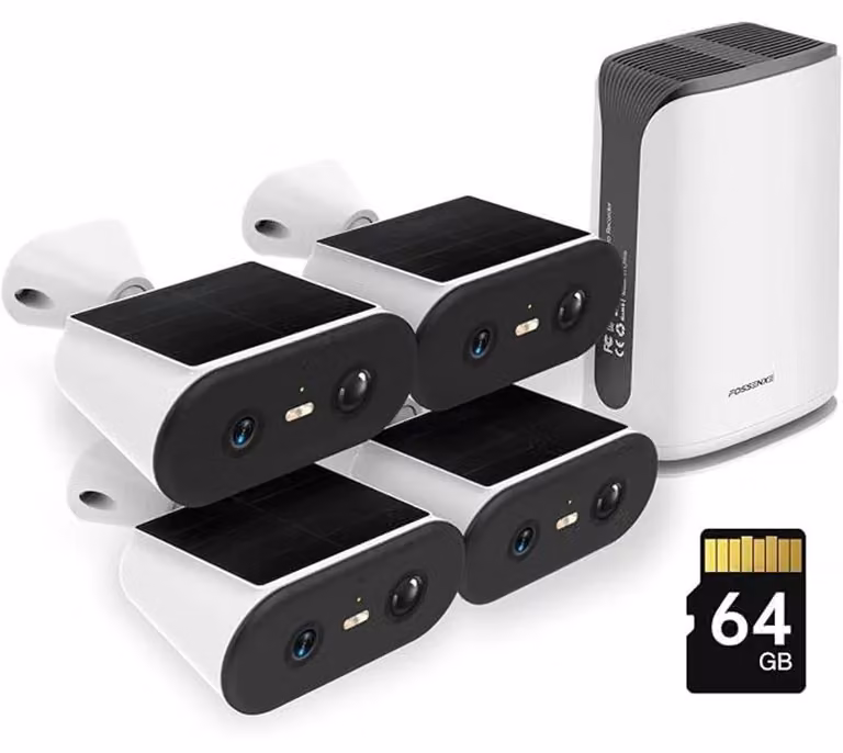 Telecamera esterna wireless, alimentata a energia solare, risoluzione 2K Ultra HD, sistema con 4 telecamere e base Wi-Fi