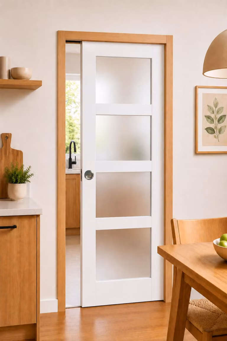 Porta scorrevole Tana bianca con vetro H204 x L83 cm, incassata, kit finitura Gd Menuserie