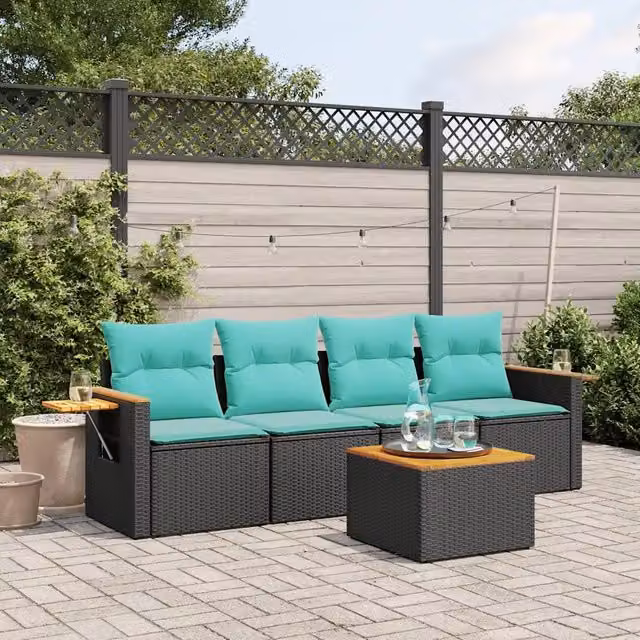 Set da giardino VIDAXL in polyrattan composto da 5 pezzi con cuscini inclusi, colore nero, ideale per terrazzo o giardino