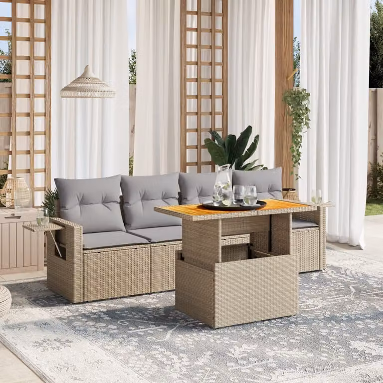 Set Divano da Giardino vidaXL 5 pz in Polyrattan Beige con Cuscini e Tavolino