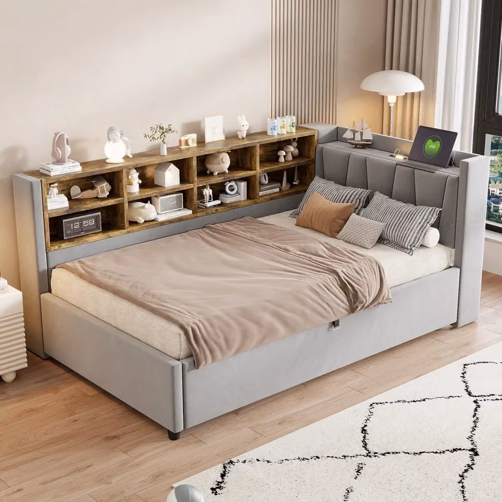 Letto singolo imbottito in velluto grigio con contenitore, luce notturna, ripiani e porte USB e Type-C, L/P: 90 x 200 cm – 2