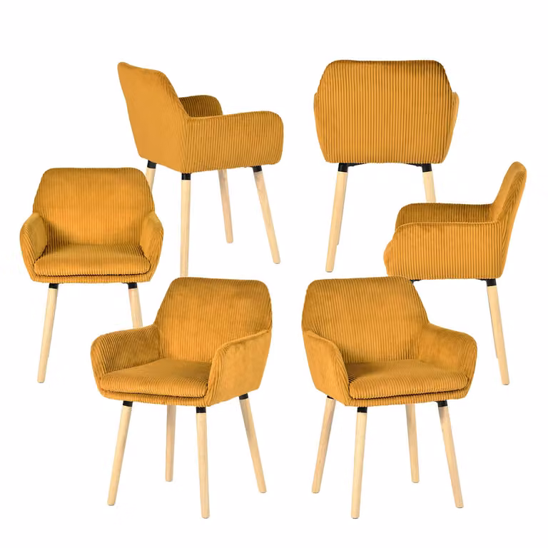 Meubles Cosy - Set da 6 sedie da pranzo in stile scandinavo con gambe in legno e braccioli gialli in velluto a coste – ELIA