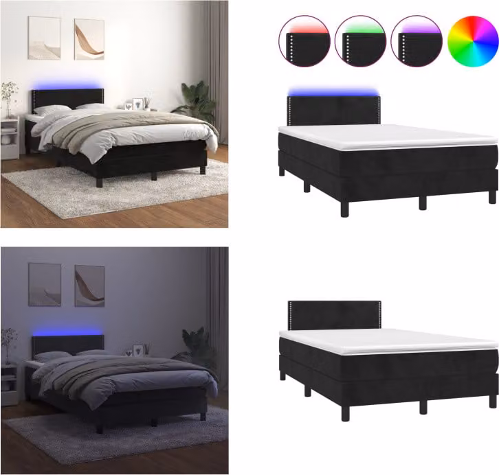vidaXL Letto a molle con materasso e LED nero 120x200 cm in velluto - Letto a molle - Boxspringbetten - Bett - Betten