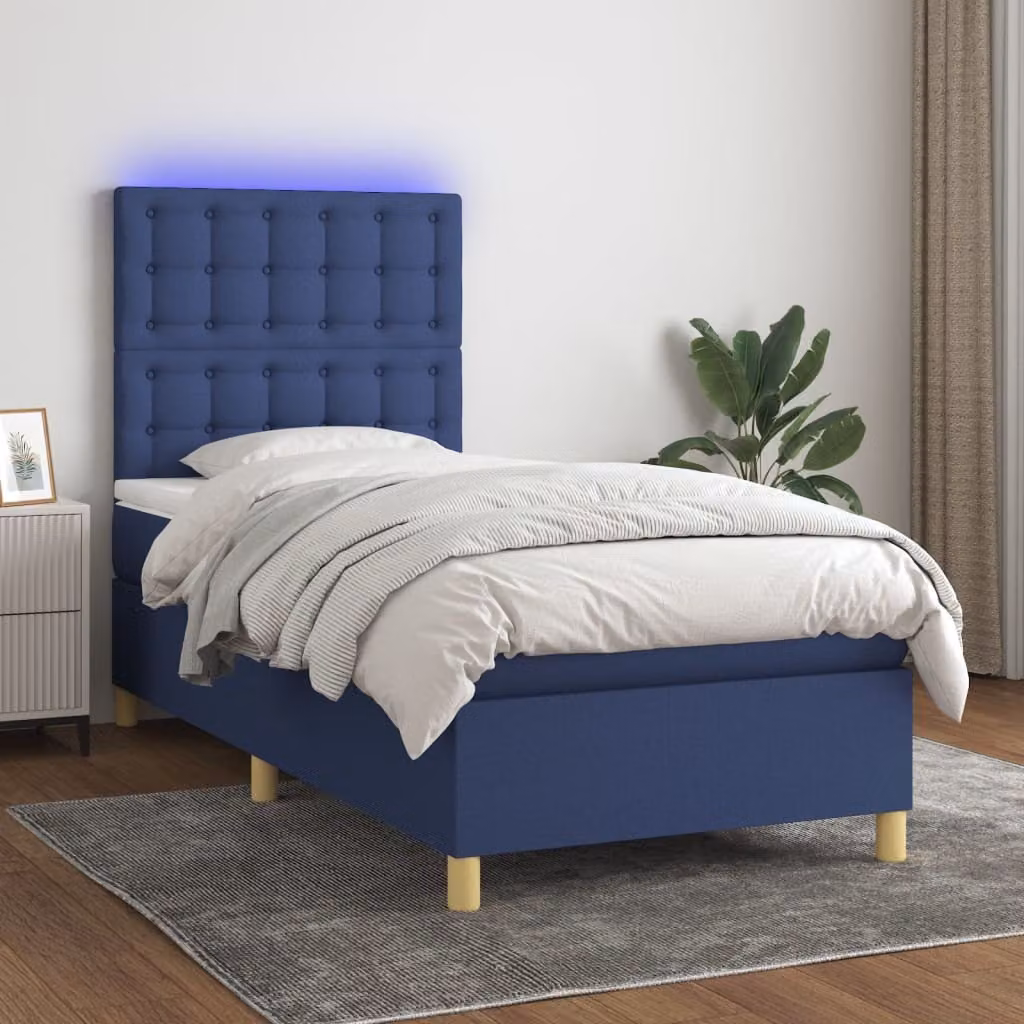 The Living Store Letto a molle con materasso e LED Blu 90x200 cm in tessuto