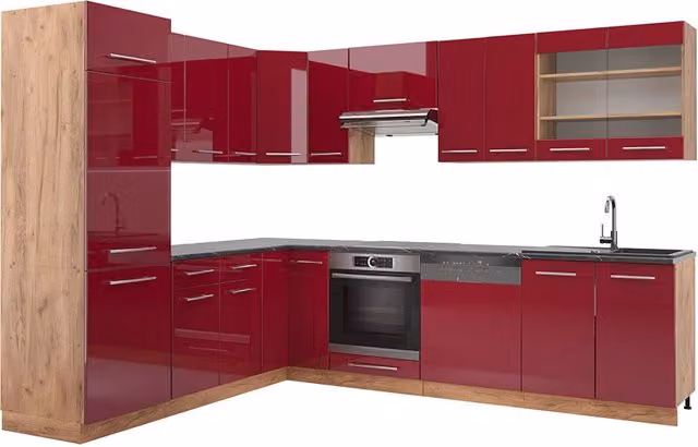 Cucina angolare completa Vicco Fame-Line Bordeaux lucido e Rovere dorato L: 287 cm, H: 227 cm, senza piano di lavoro – 1