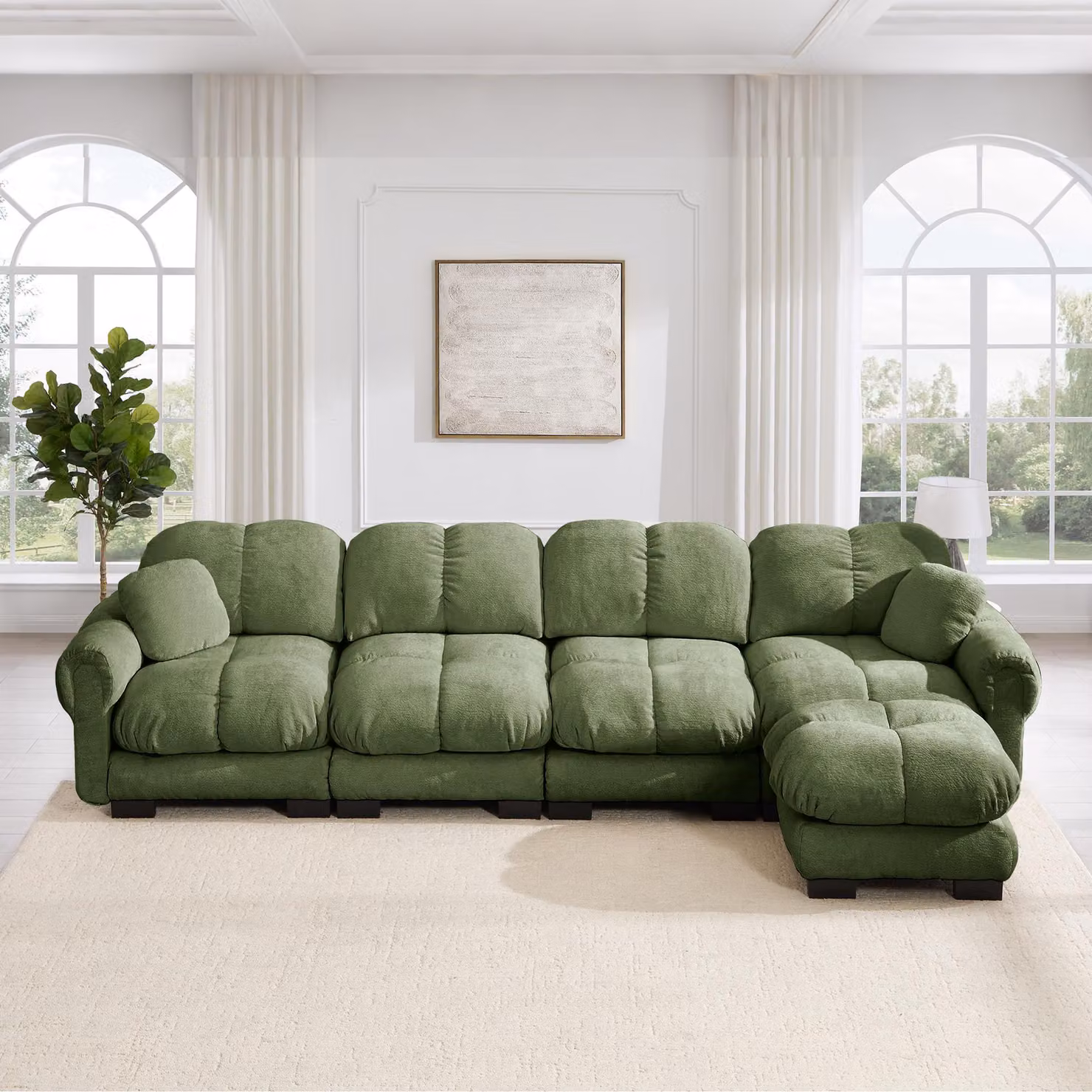 Divano angolare da soggiorno, 4 posti, in tessuto chenille, modulare, con poggiapiedi mobile, design trapuntato (grigio chiaro)
