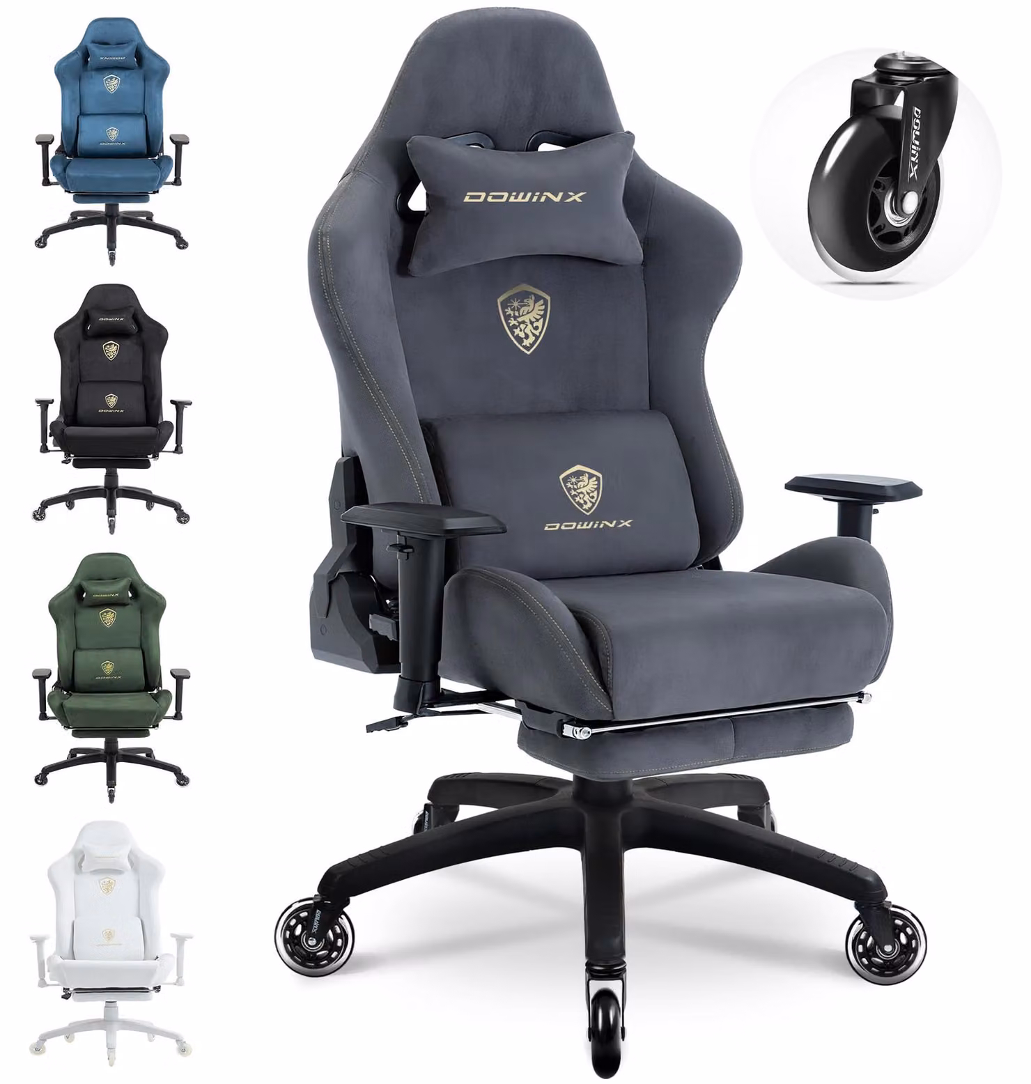 Sedia da gaming con poggiapiedi, rivestita in velluto di microfibra, color grigio chiaro, dal design ergonomico