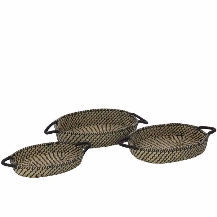 J-Line Set di 3 cestini con manico ovale in paglia naturale/nero