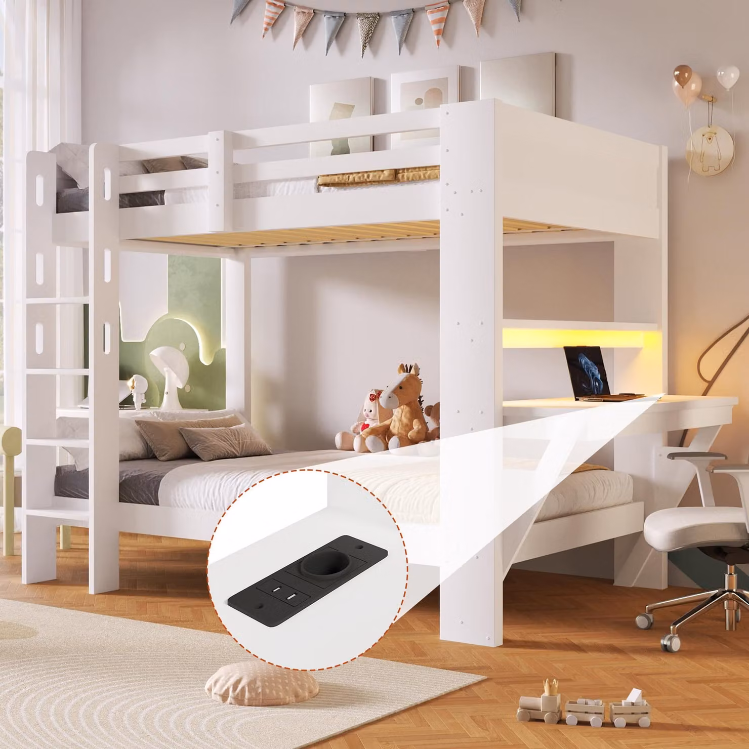 Letto a soppalco 90 x 200 cm con scrivania, barra luminosa LED, presa di corrente, porte USB e di tipo-C, ringhiera di sicurezza e mensole, realizzato in legno di pino/MDF, colore bianco