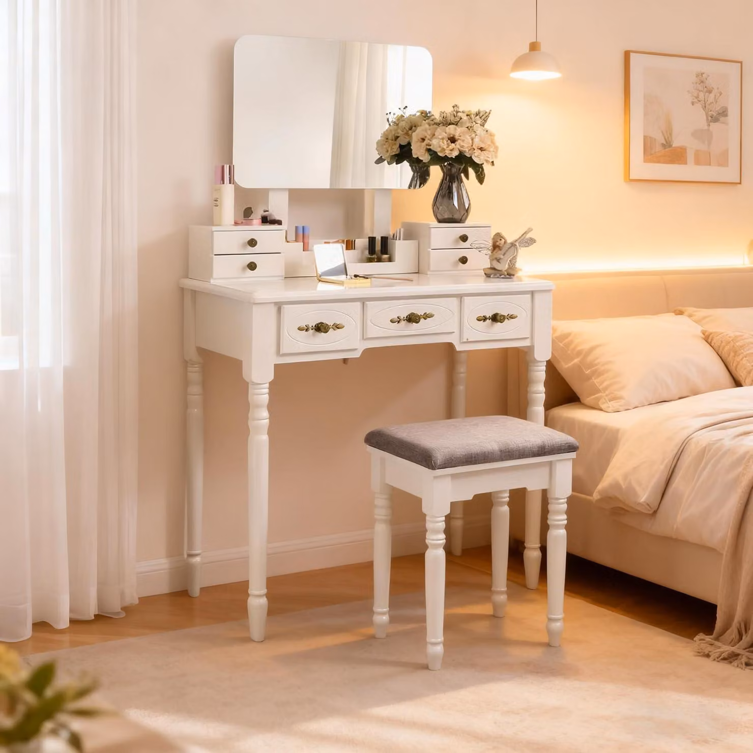 Comò da trucco con illuminazione a LED, ampio specchio, luminosità regolabile, ripiani regolabili, 2 cassetti e un piano ribaltabile che si estende da 80x40 cm a 100x40 cm