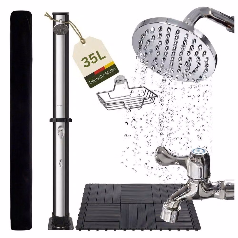 Doccia solare Novaterra da 35 l, nera/argento, con elemento a pavimento in WPC