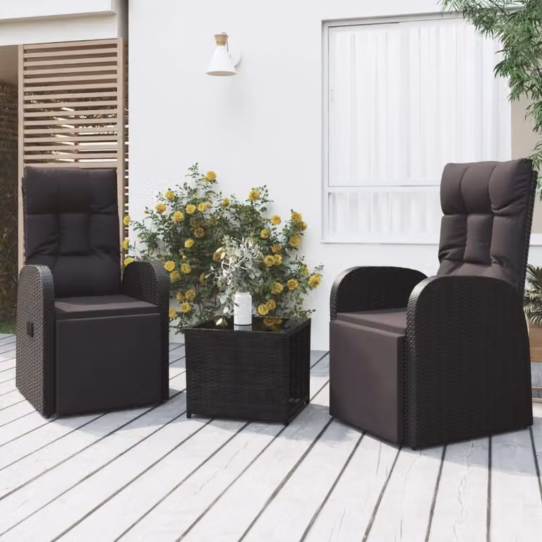The Living Store Set 3 pezzi da giardino in rattan nero e acciaio