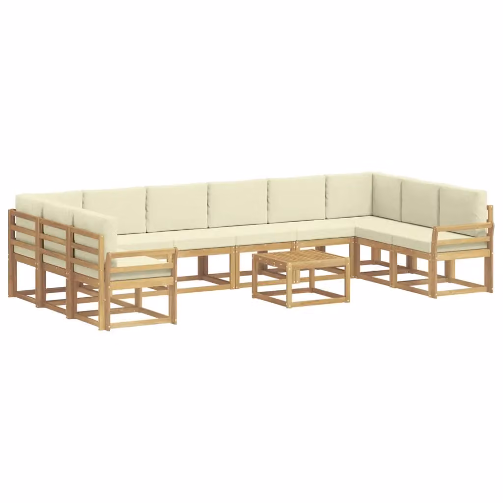 Set di divani da esterno vidaXL a forma di U composto da 11 pezzi con tavolo da caffè, in legno di acacia e tessuto bianco e beige – 2