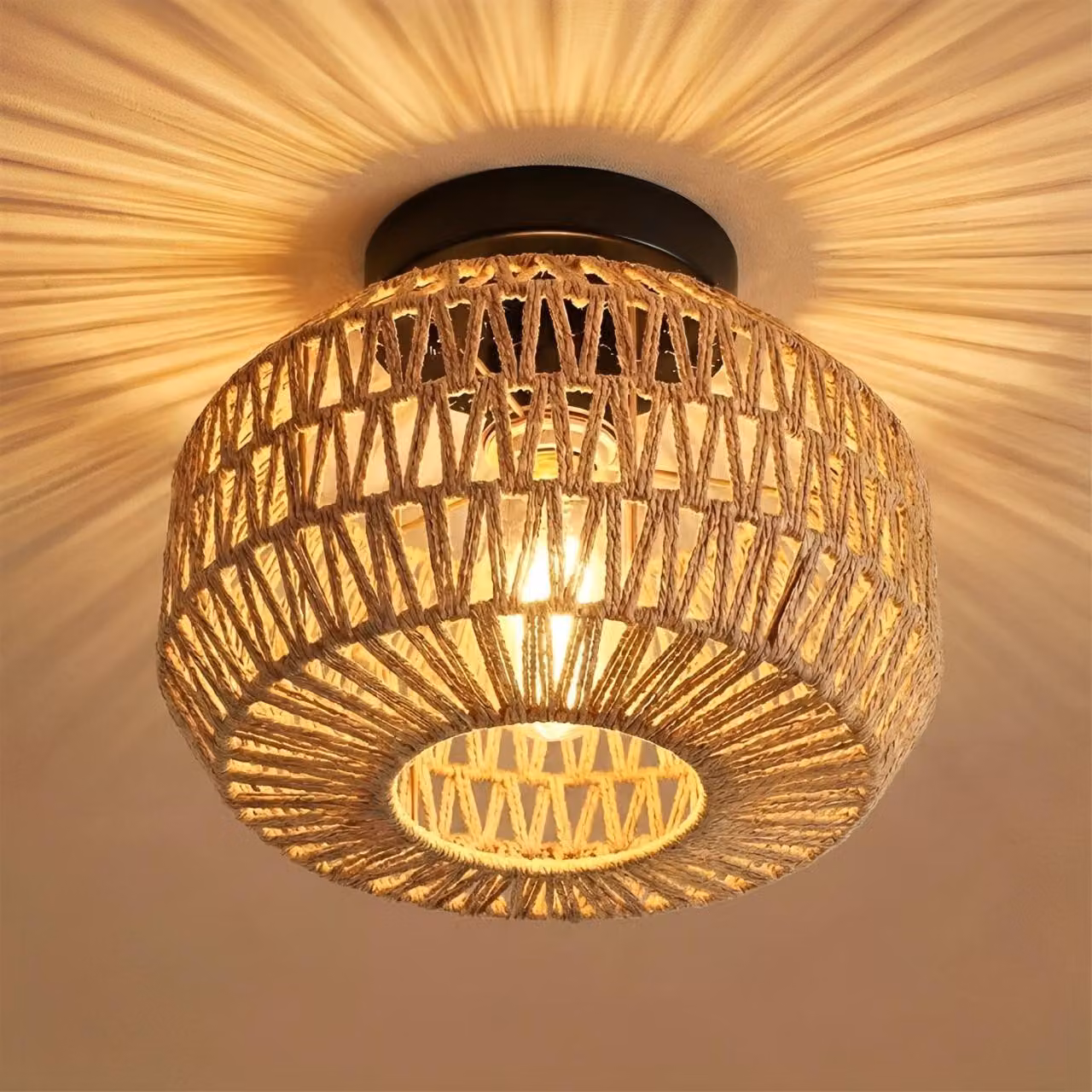 Plafoniera in rattan Ø28cm soggiorno camera da letto, lampada boho soffitto E27 sospensione cesto di bambù lampada in rattan paralume cucina corridoio tavolo da pranzo