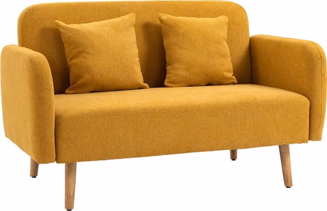 Divano due posti HOMCOM moderno in velluto con cuscini e poggiatesta regolabile, colore natura e giallo, L: 130 cm, P: 70 cm, H: 80 cm