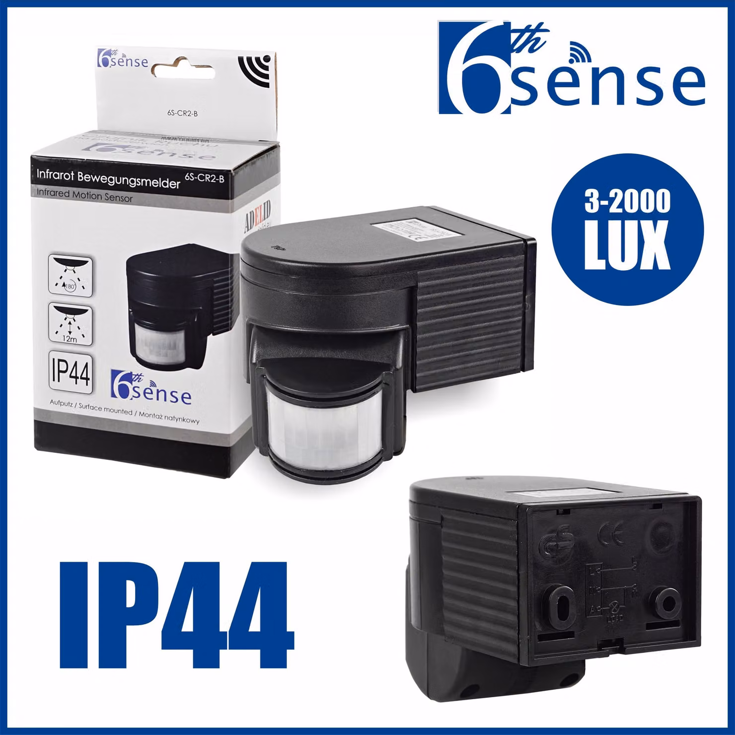 Sensore di movimento per interni ed esterni, montaggio a parete, tecnologia PIR, angolo di rilevamento 180°, portata 12 metri, grado di protezione IP44, con LED, colore nero
