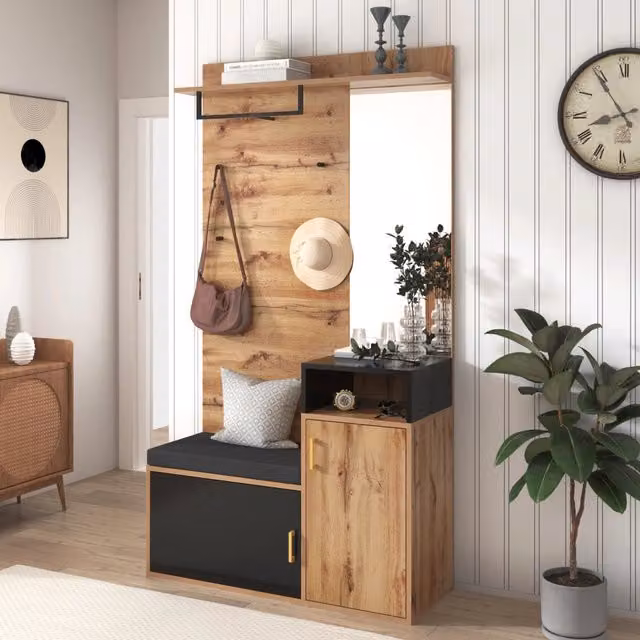 Set di mobili da ingresso con specchio seduta scarpiera 4 ganci e asta appendiabiti nero 105 × 40 × 191;5 cm