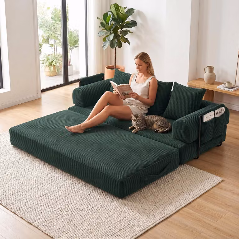 LVHOM Divano letto pieghevole in tessuto a coste, letto da giorno modulare con struttura in metallo, divano letto pieghevole da pavimento con spazio di archiviazione, capacità di carico 300 kg, verde
