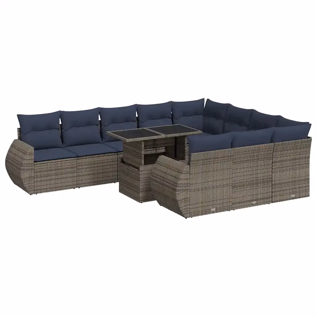 Set di divani da giardino vidaXL in polyrattan color grigio e blu con cuscini e tavolino da esterno a forma di U composto da 11 pezzi – 2
