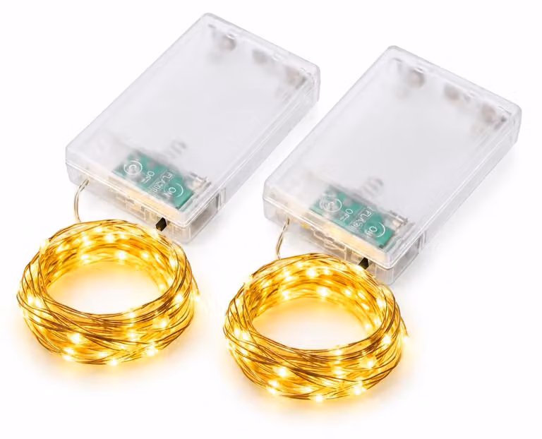 Catena luminosa a LED, confezione da 2 pezzi, lunghezza 10 metri, 100 LED, luce bianco caldo, alimentazione a batteria