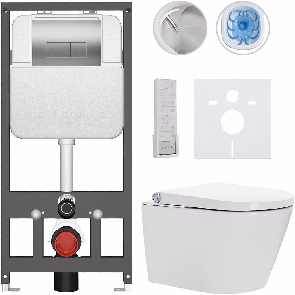 CERANO - WC sospeso con bidet Cronus Pro - bianco lucido - pulsante Prime/Modulo, argento - sospeso - installazione a parete/cartongesso - 59,3 x 38,4 cm