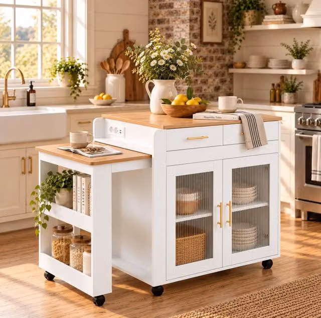 Isola cucina con tavolo estraibile; prese USB-A/C e vani contenitore bianca