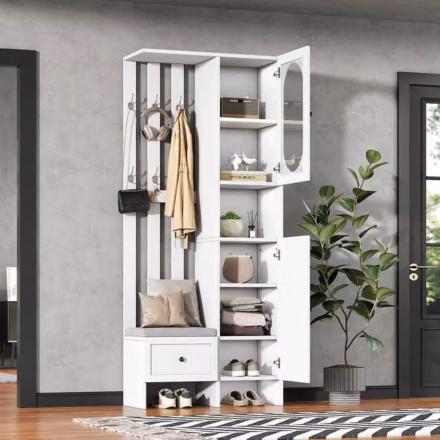 Mobile da ingresso con 2 armadietti 1 cassetto 6 ganci panca scarpiera in truciolato bianco 85 × 33,5 × 200 cm
