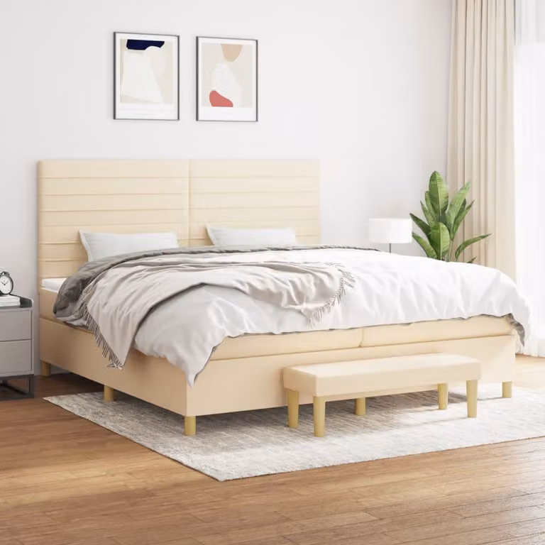 vidaXL Letto Ibrido con Giroletto a Molle e Materasso in Tessuto Beige e Bianco L/P/H: 200 x 200 x 203 cm