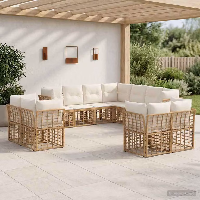 Set di divani da esterno vidaXL per 11 persone, design moderno a L con struttura in acciaio e cuscini inclusi, colori beige e bianco crema