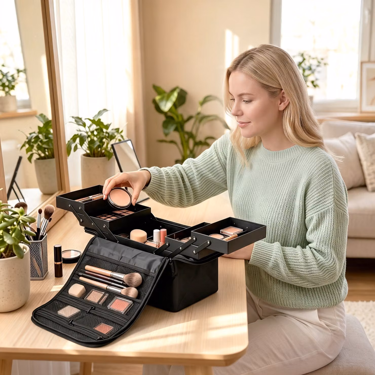 Beauty Case da Trucco HOMCOM con 4 Contenitori Rimovibili, Tracolla e Maniglia, Nero – 2
