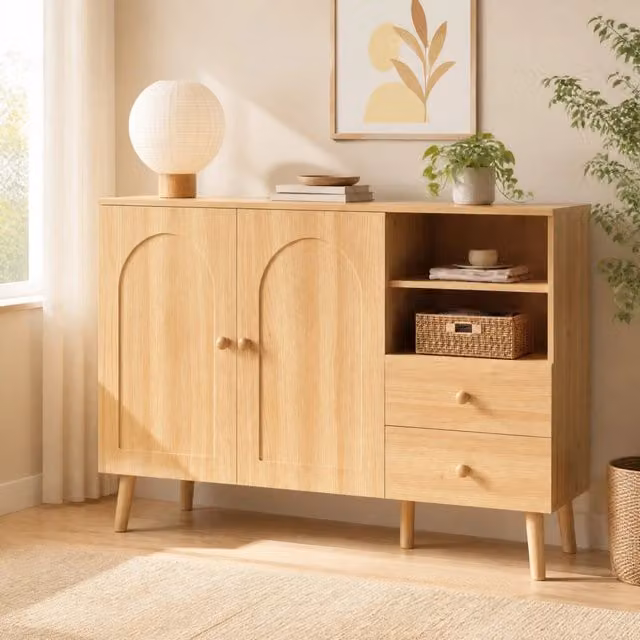 Credenza e madia OKWISH in legno naturale con 2 ante, 2 cassetti e vani aperti, ideale per soggiorno, sala da pranzo o ingresso, L/P/H: 118 x 35 x 82 cm
