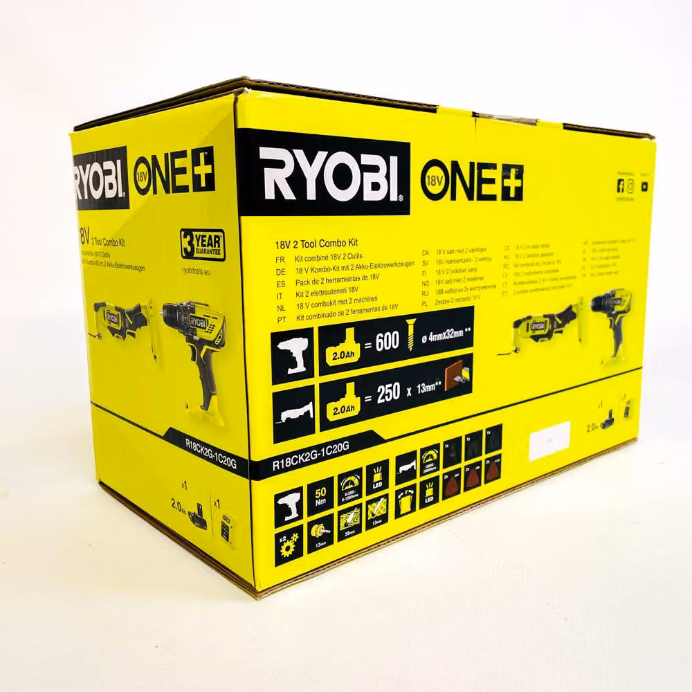Set di utensili a batteria Ryobi R18CK2G-1C20G, 18 V ONE+, batteria da 2 Ah, 1 batteria, caricabatterie rapido da 1,5 A