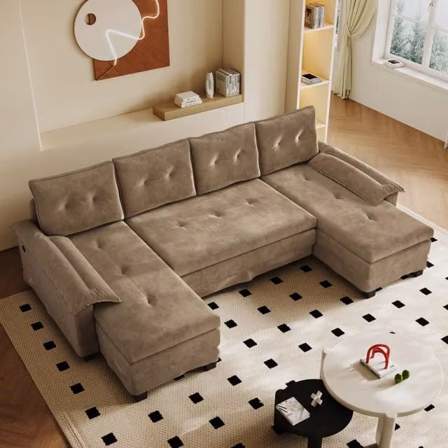 Divano letto modulare a U 278x127x87 cm con porte USB e cuscini rimovibili in ciniglia color kaki