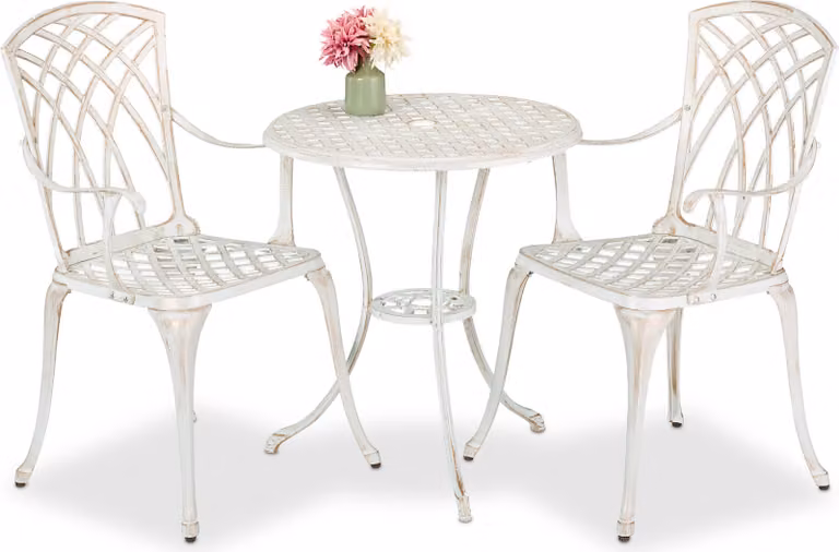 Set di mobili da giardino Relaxdays, 3 pezzi, tavolo e 2 sedie, fusione di alluminio, mobili da balcone in stile antico, salottino da giardino, bianco/bronzo