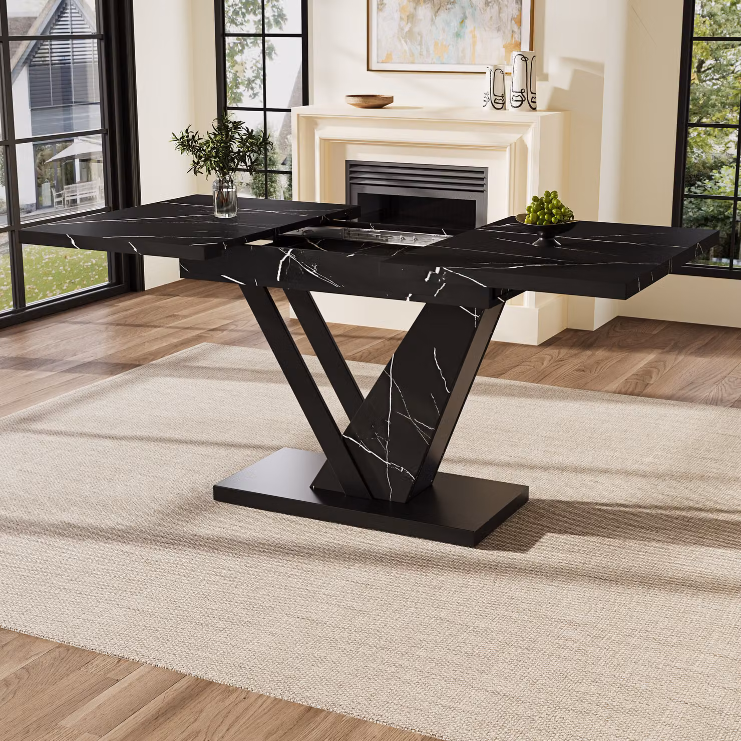 tavolo allungabile okwish， tavolo da cucina， tavolo da pranzo con motivo in marmo nero， adatto per ristoranti e cucine， nero