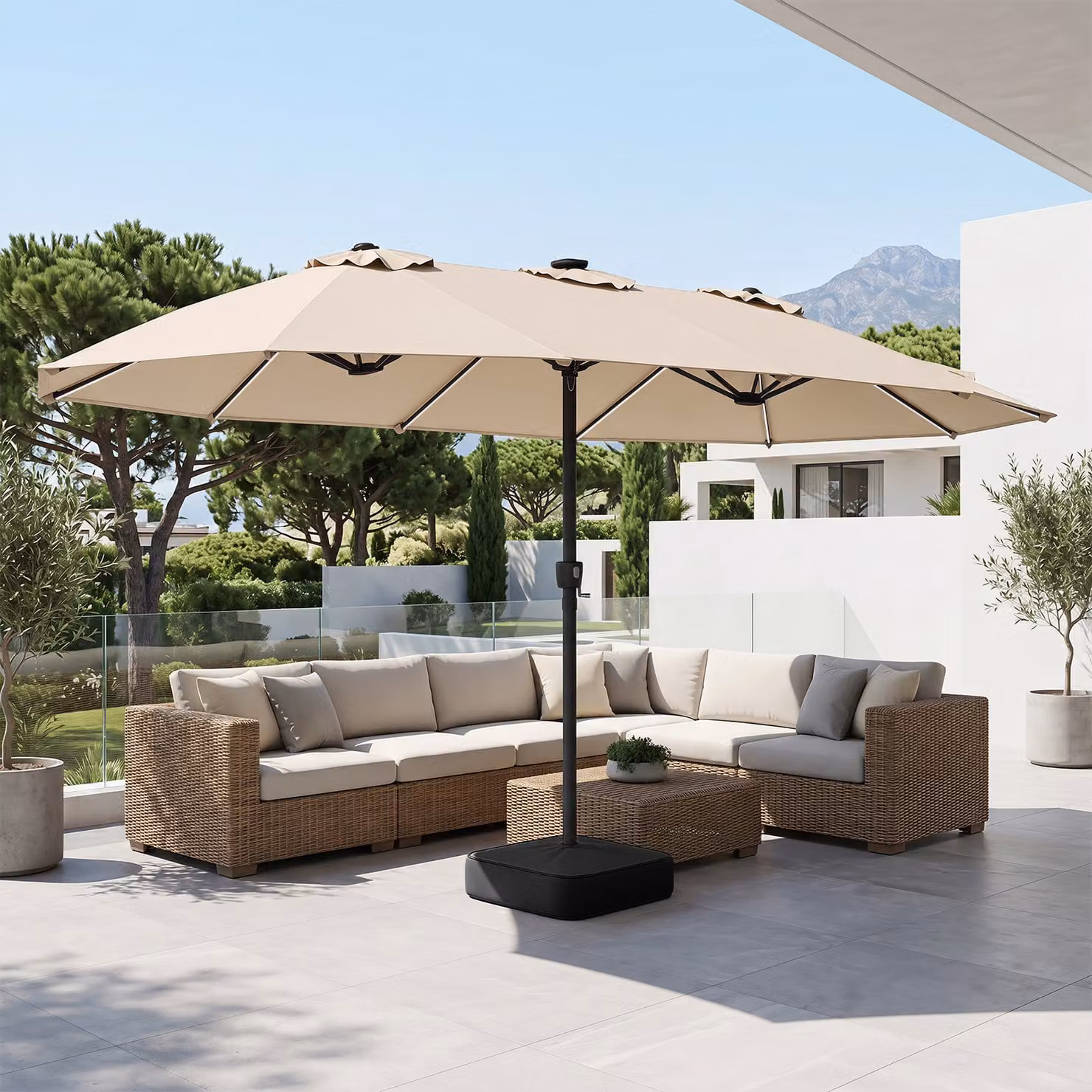 Ombrellone doppio da giardino Costway con luci regolabili e manovella, protezione solare resistente, Beige
