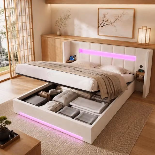 Letto matrimoniale imbottito 160 × 200 cm in velluto beige con vano contenitore LED USB e testiera ampia