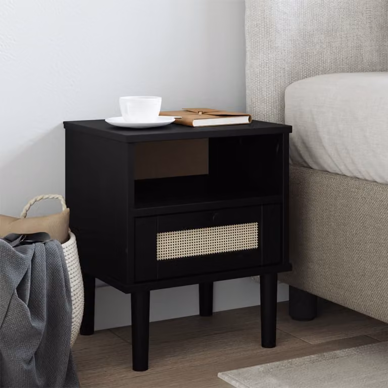 Comodino vidaXL SENJA in legno di pino con aspetto rattan, Nero, L 40 cm x P 35 cm x H 48 cm