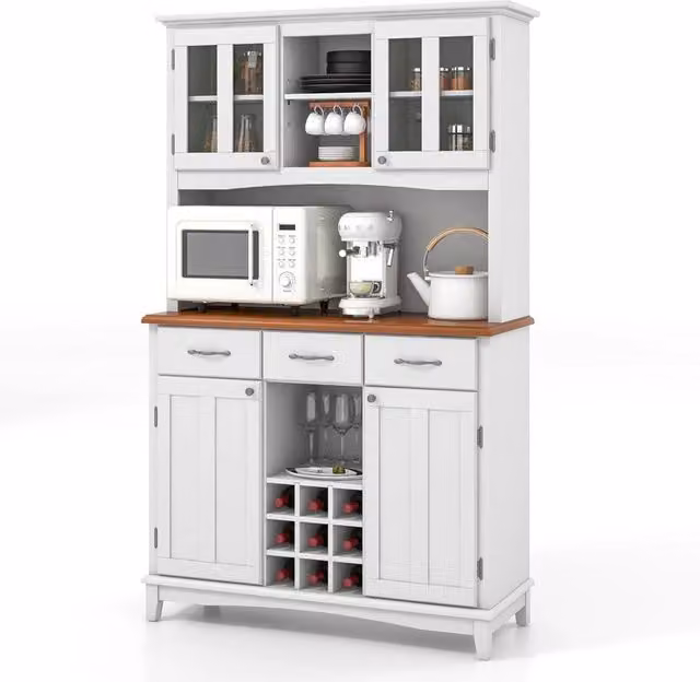 Credenza da Cucina, Armadietto Dispensa da Cucina Alto con Ante in Vetro Temperato, Portabottiglie, Ripiani Regolabili, Mobile Moderno per Cucina con 3 Cassetti e Ripiani Aperti (Bianco)