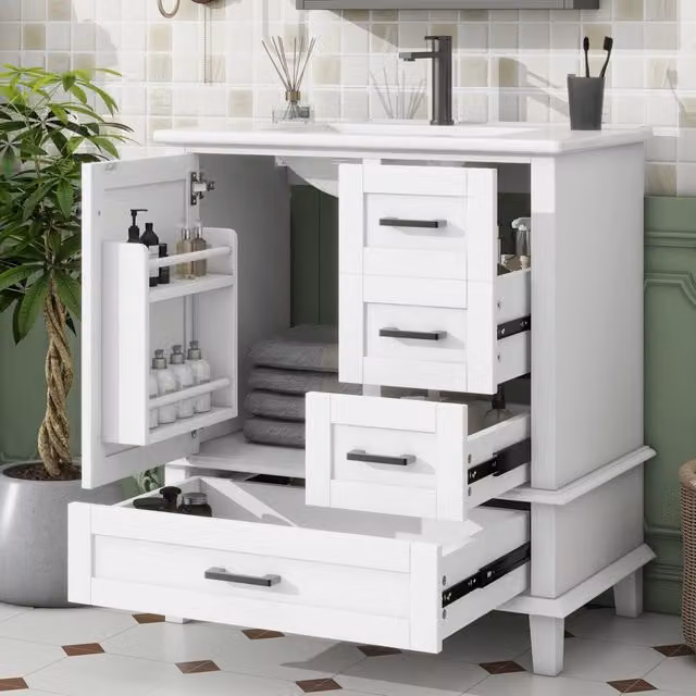 Mobile bagno freestanding 76x46x83;5 cm con lavabo in ceramica; MDF bianco