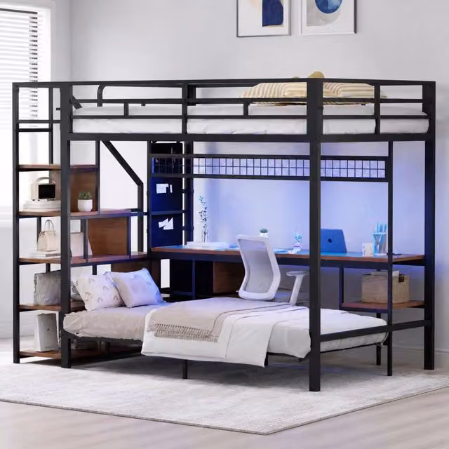 Letto a soppalco in metallo con due letti 140x200 cm e 90x200 cm, scrivania con LED e prese, contenitori tessili, colore nero
