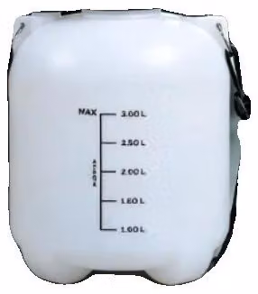 Strumento manuale per il riempimento di fluidi, con una capacità di 3 litri, realizzato in plastica, dotato di un tubo di 1,5 metri di lunghezza e di un ugello universale. Supporta una pressione fino a 40 PSI