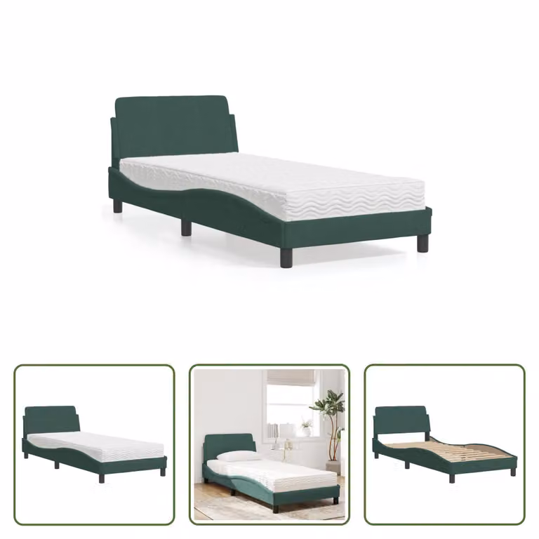 The Living Store Letto con materasso in velluto verde scuro 80x200 cm